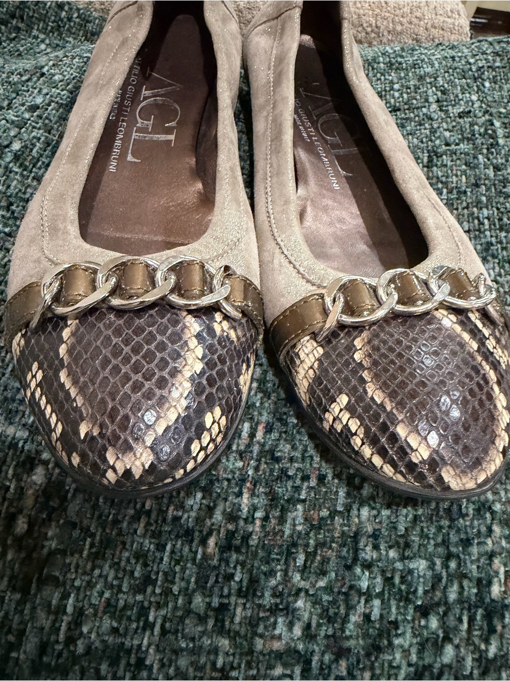 AGL Attila Giusti Leombruni Ballet Flats, Metallic Suede Animal Print✨Sz. 39 1/2